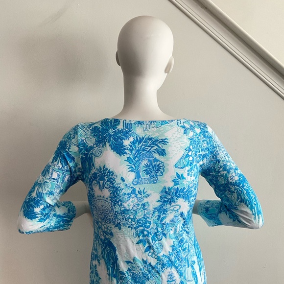 Lilly Pulitzer Blue Toile Me About It Sophie Dress White Long Sleeve UPF 50 L - Picture 6 of 12
